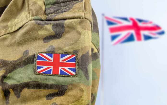 Military,Man,Posing,In,Front,Of,Uk,Flag