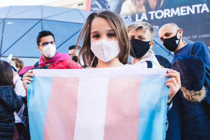 Madrid,,Spain,-,March,14,,2021:,Protestor,Holds,A,Trans